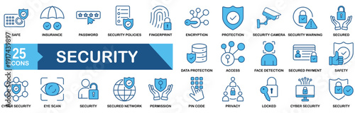 Security icon set.�vector illustration concept for secured, safety, encryption, password, payment, privacy, cctv, protection, fingerprint