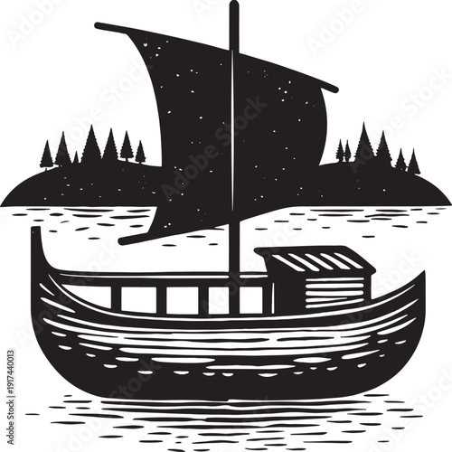 Black and white illustration of a Viking ship sailing past a forested island longship boat