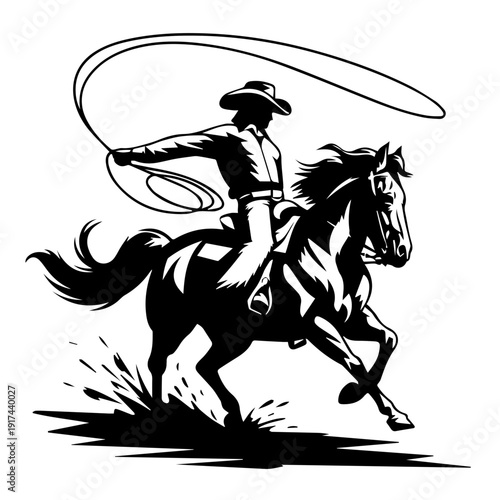 Dynamic Silhouette of Cowboy Riding Galloping Horse Swinging Lasso in Classic Rodeo Action Minimalist Black Vector