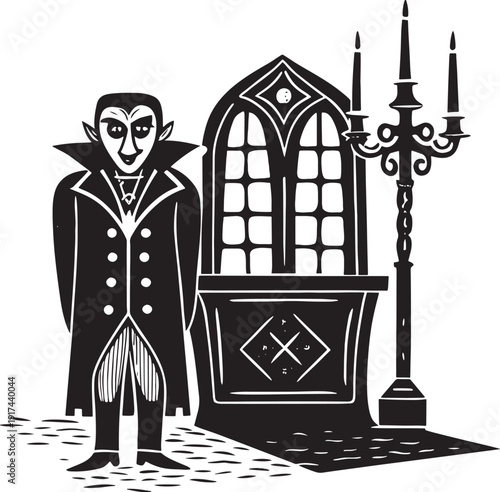 Black and white illustration of a vampire standing next to a gothic window and candelabra dracula halloween