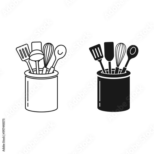Black and white illustration of kitchen utensils in containers Vector