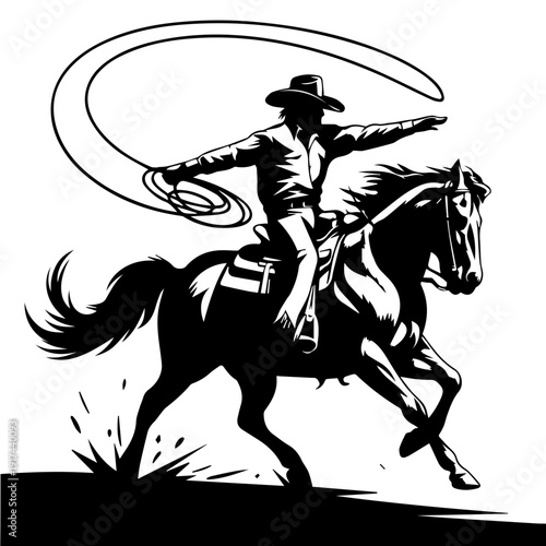 Dynamic Silhouette of Cowboy Riding Galloping Horse Swinging Lasso in Classic Rodeo Action Minimalist Black Vector