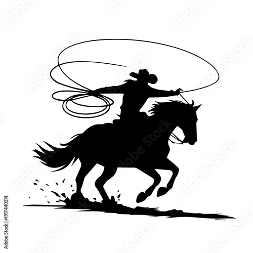 Dynamic Silhouette of Cowboy Riding Galloping Horse Swinging Lasso in Classic Rodeo Action Minimalist Black Vector