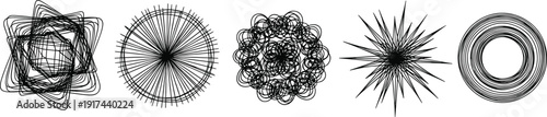 Abstract, complex radial line compositions, layered square scribble form, dense circular ray pattern, chaotic loop cluster, sharp spiked starburst, concentric ring structure illustration.