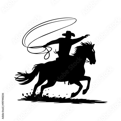 Dynamic Silhouette of Cowboy Riding Galloping Horse Swinging Lasso in Classic Rodeo Action Minimalist Black Vector