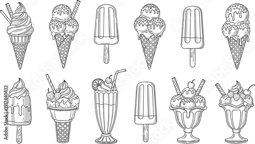 Ice Cream and Frozen Dessert Vector Set, Hand Drawn Cones, Popsicles, Sundae and Milkshake Sweet Summer Food Illustrations.