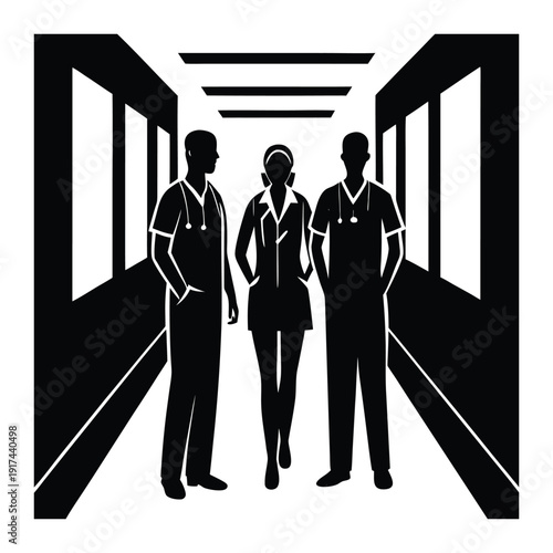 Medical Team Silhouette in Hospital Corridor 