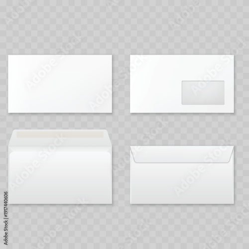 Realistic White Envelope Mockup Set. Vector Business Stationery Template with Window, Open and Closed Flap.