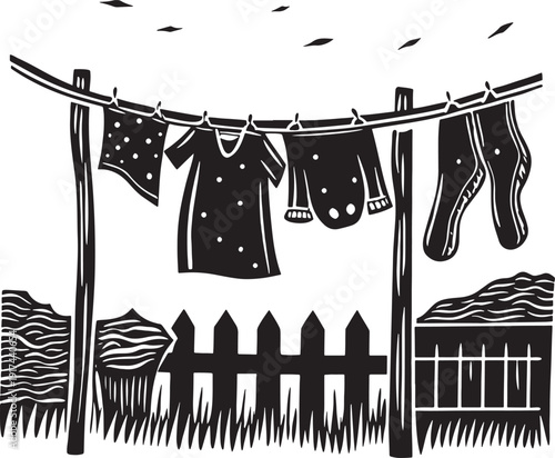 Black and white illustration of laundry hanging on a clothesline in a backyard with a picket fence and grass