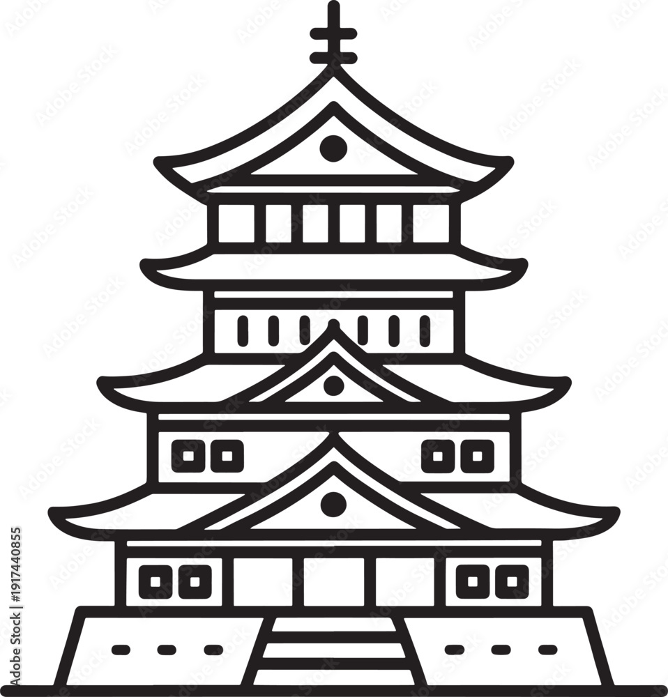 Fototapeta premium Black and white line art icon of a multi-tiered Japanese castle with a pointed roof and decorative elements