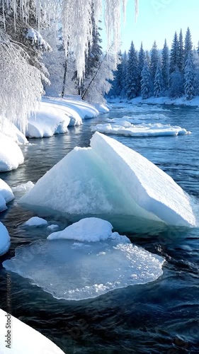 Large ice floes float on a cold river surrounded by snow-covered trees.