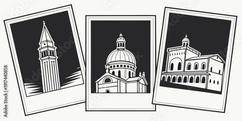 Three black and white photographs of iconic architectural landmarks