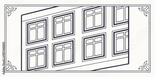 A vintage illustration of a window with multiple panes and decorative elements