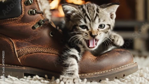 Adorable tabby kitten peeking out from a warm brown leather boot near a cozy