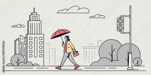 A woman with an umbrella walks past a city traffic light on a rainy day.