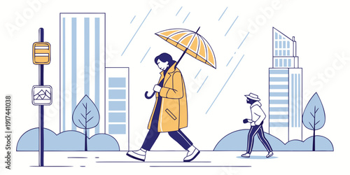 People walking on a rainy day in a city with tall buildings and umbrellas.