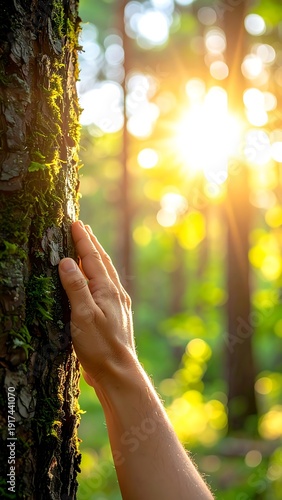 Hand touches tree bark with golden sunlight filtering through trees