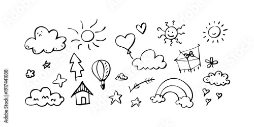 Whimsical doodles of nature, animals, and objects in a playful and imaginative style.