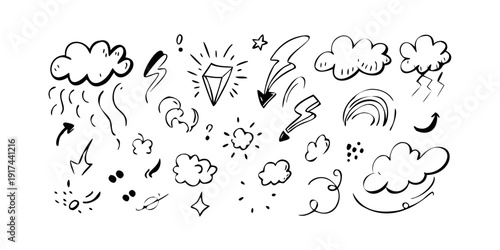 A diverse collection of abstract and expressive cloud and weather illustrations