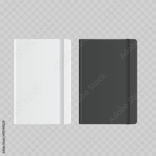 Realistic White and Grey Notebook Mockup Set. Vector Closed Hardcover Journal Template with Elastic Band.