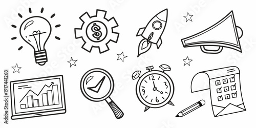 Illustration of various objects representing ideas, creativity, and problem-solving.