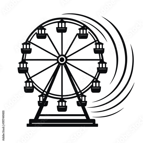 Dynamic spinning Ferris wheel silhouette. Motion lines, dark gradient. Iconic amusement park ride, classic fairground attraction, theme park entertainment vector art.