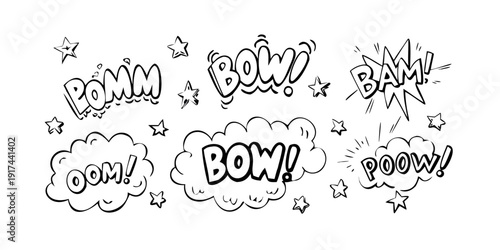 A variety of comic book sound effect words in bold, black on white background