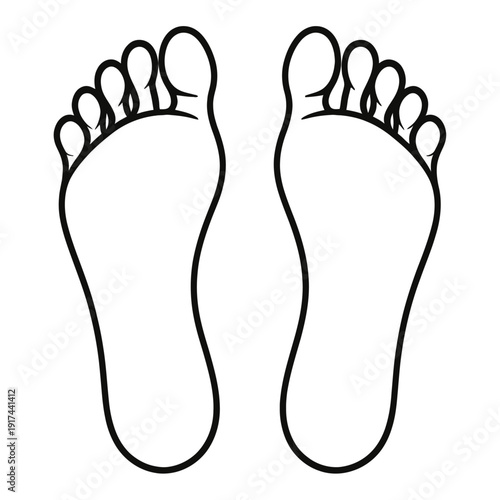 Symmetrical minimalist black outline illustration of two human feet soles on dark background. Clean graphic depicts anatomical foot structure, toes, perfect for health, medical, podiatry, wellness