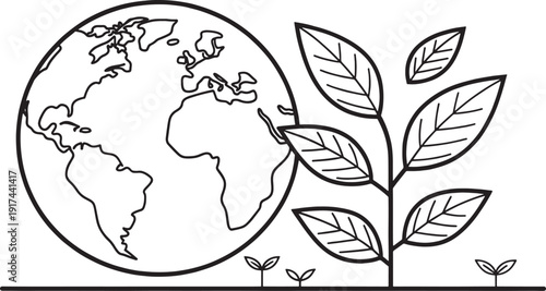 Black and white line art of planet earth with growing plants and seedlings globe world