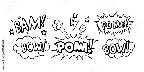 A collection of comic book sound effect words in bold, stylized fonts.