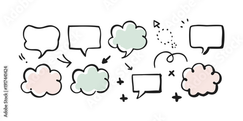 A whimsical illustration of various speech bubbles and thought clouds in pastel colors.