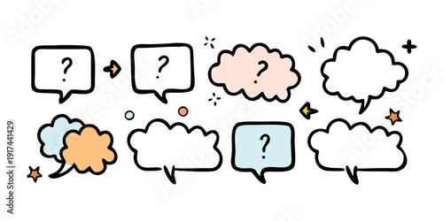 A collection of speech bubbles with various symbols and question marks.