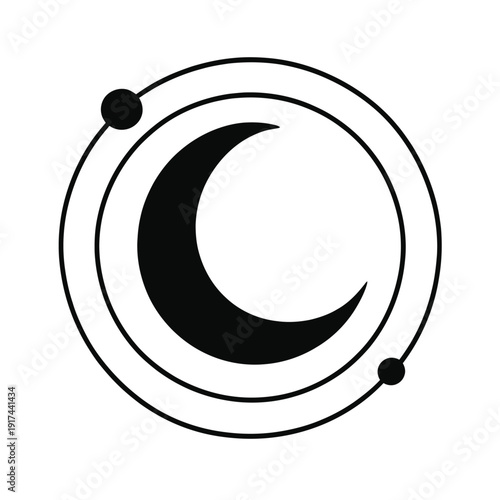 Enigmatic Dark Crescent Moon Icon with Elegant Orbital Paths & Celestial Spheres, a Minimalist Cosmic Design Featuring Black Circles and Smooth Gradient Background, Ideal for Astronomy, Mysticism