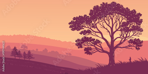 A solitary tree stands tall against the backdrop of a vibrant sunset over rolling hills