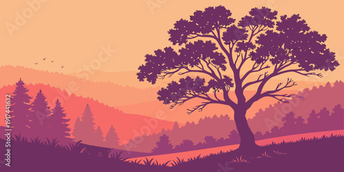 A solitary tree stands tall against the backdrop of a vibrant sunset over a mountainous landscape.