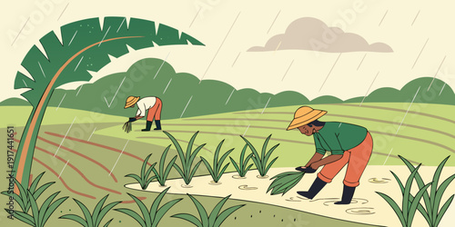 A farmer in a vibrant green field with a tractor and a dog.