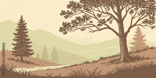 Serene landscape with tall trees and misty mountains in the background