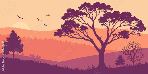A serene landscape featuring a vibrant sunset with silhouetted trees and a horse.