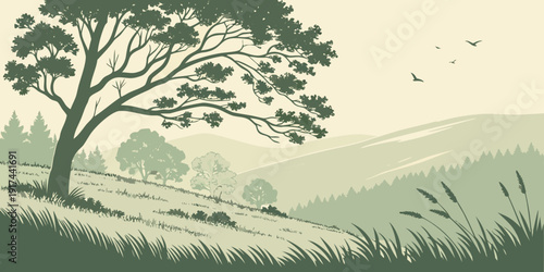 A serene landscape with a large tree standing tall in a lush green field