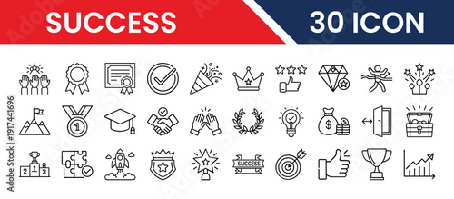 Thirty Simple Line Icons Representing Various Aspects of Success