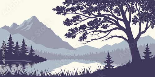 A serene landscape of a tree overlooking a tranquil mountain lake at dusk