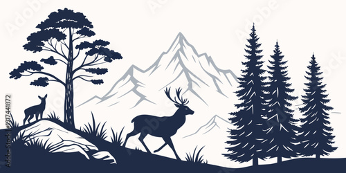 A majestic elk stands in a serene mountain forest landscape with tall trees and a mountain range in the background.