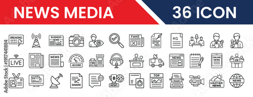 News Media Vector Set Featuring Newspaper, TV, Radio, and Online News Elements for Web and App Design