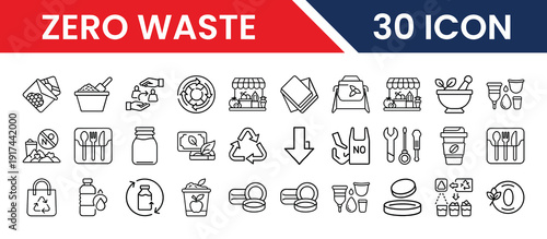 Zero Waste Vector Set Featuring Reusable Products, Recycling Symbols, and Eco-Friendly Elements for Web and App Design