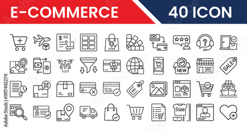 Outline E-commerce Icon Set in Line Art Style for Online Shopping, Shopping Cart, Payment, Delivery, Sale, Product Listing, Checkout, and Digital Interface Design