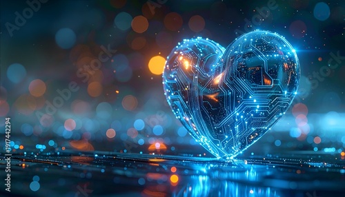 Glowing Blue Digital Heart with Circuit Pattern on Wet Surface, Futuristic AI Love Concept