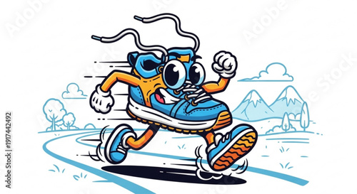 Cartoon Coffee Cup Running on Road with Mountains Background