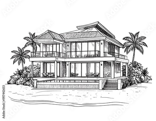 Hand-drawn beach house illustration with tropical foliage