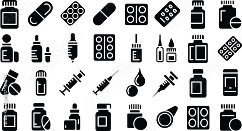 Medicine and pharmacy icons set, medical pills bottles syringes silhouette isolated on light background healthcare vector collectionMedicine and pharmacy icons set, 