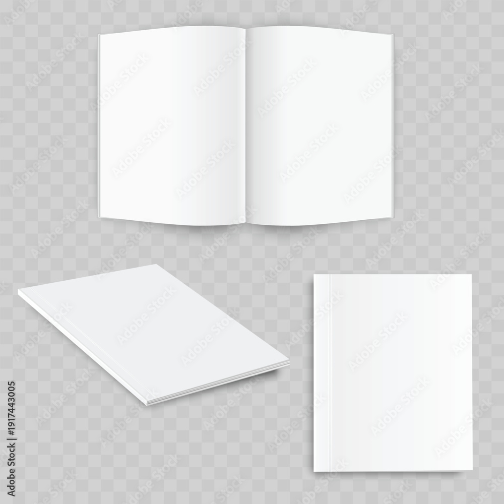 Fototapeta premium Realistic Open Magazine Mockup Set. Vector Blank Brochure or Catalog Template with Rolled Page and Spread View.